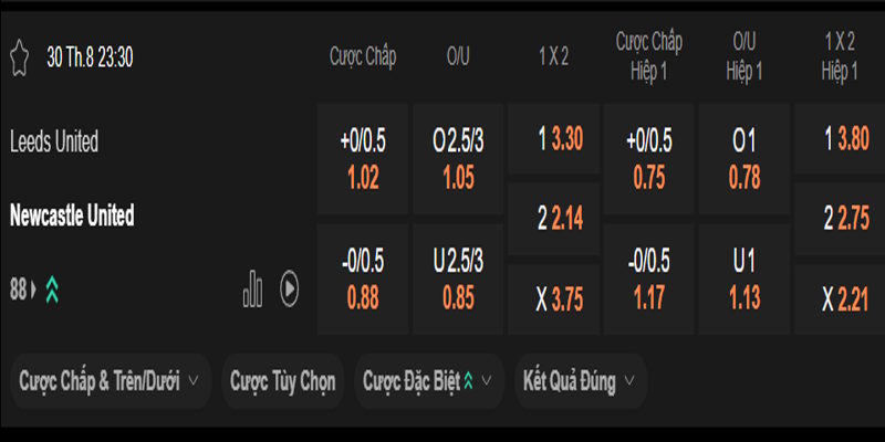 Soi kèo Leeds United vs Newcastle - bảng tỷ lệ chi tiết